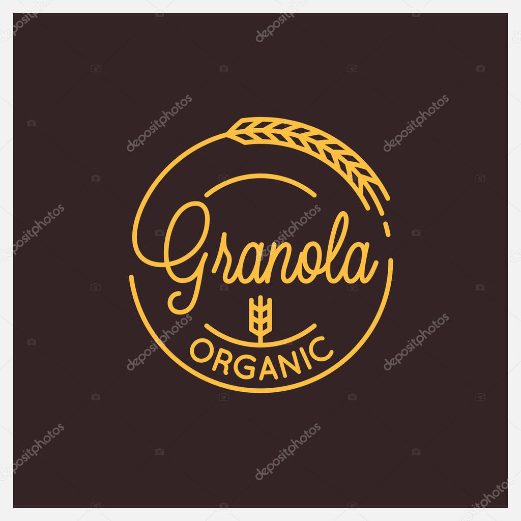 Granola organic logo. Round linear logo of granola wheat on black background 8 eps