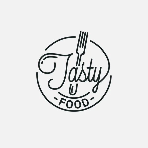 Logotipo de comida saborosa. Linear redondo de placa e garfo — Vetor de Stock