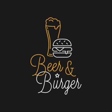 Bira ve hamburger doğrusal logosu. Bira bardağı harfleri.