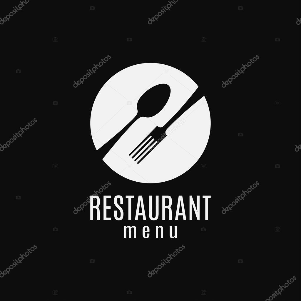 Plate with fork and spoon logo. Restaurant menu on black background 8 eps