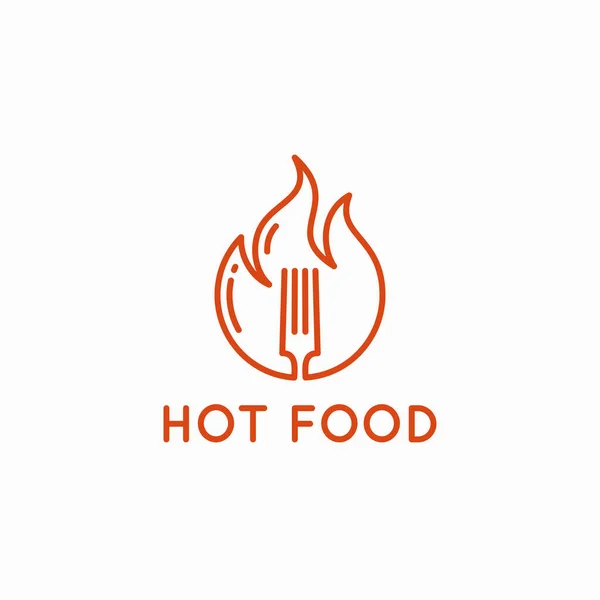 Logo de comida caliente. Tenedor en fuego de llama en el fondo — Vector de stock
