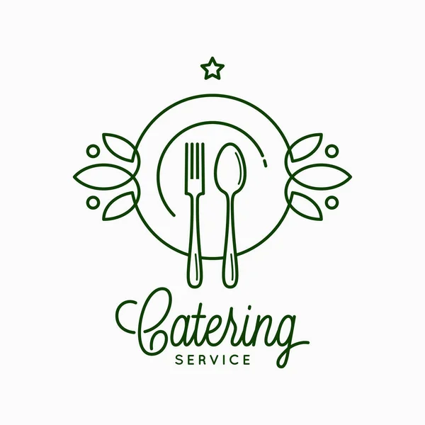 Catering linear logo with plate and fork on white — Stock Vector