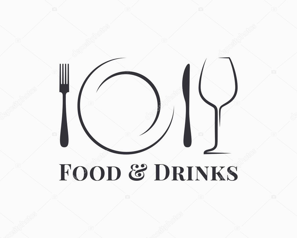 Food and drink logo. Plate with wine glass and fork and knife on white background 8 eps