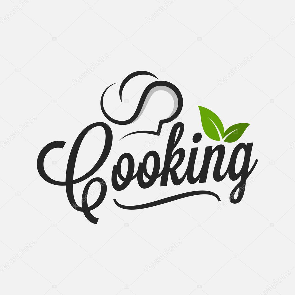 Cooking logo with chef hat and leafs on white background 8 eps