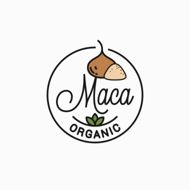 Maca logosu. Macanın süper yiyeceklerinin yuvarlak doğrusal logosu