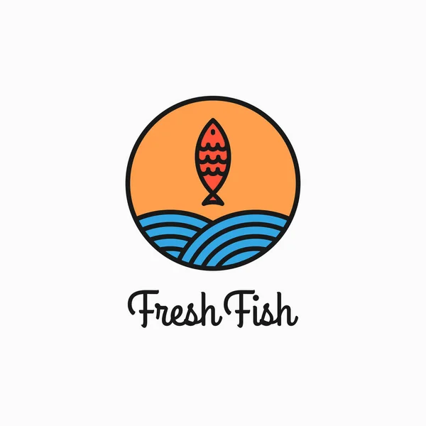 Fisch rundes Logo. Linearer Kreis mit Fischen und Wellen — Stockvektor