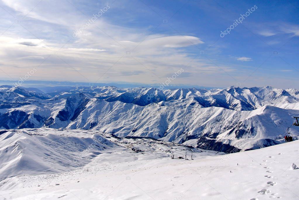 Beautiful winter mountains landscape of Gudauri, Stepantsminda area, Georgia