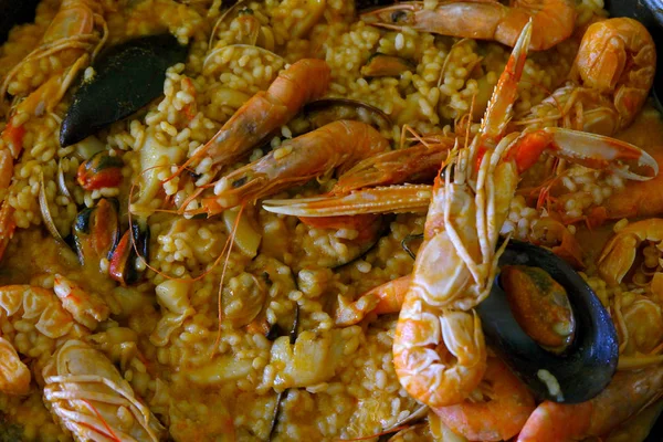 Close Homemade Paella Traditional Spanish Rice Dish Seafood — Stock Photo, Image