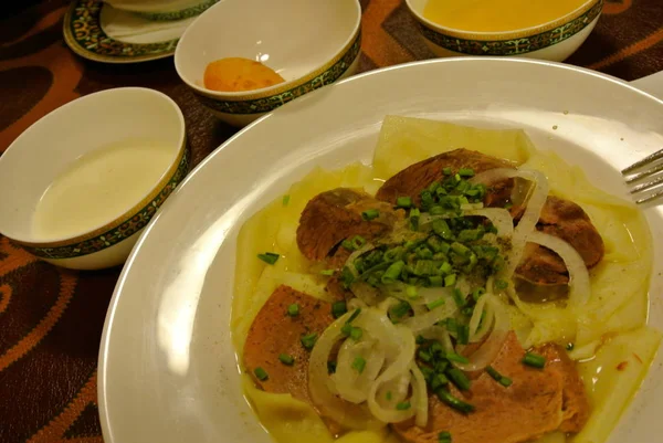 Beshbarmak Dish Consisting Boiled Horse Mutton Meat Popular Kazakh Dish — Stock Photo, Image