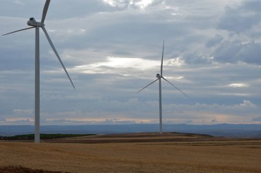 İspanya 'nın Teruel bölgesindeki enerji rüzgar değirmenlerinin manzarası 