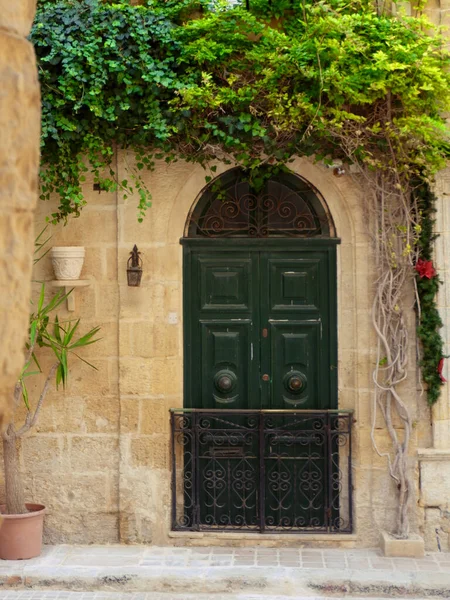 Вертикальная Фотография Зеленой Входной Двери Классическом Колониальном Стиле Снаружи Спокойной — стоковое фото