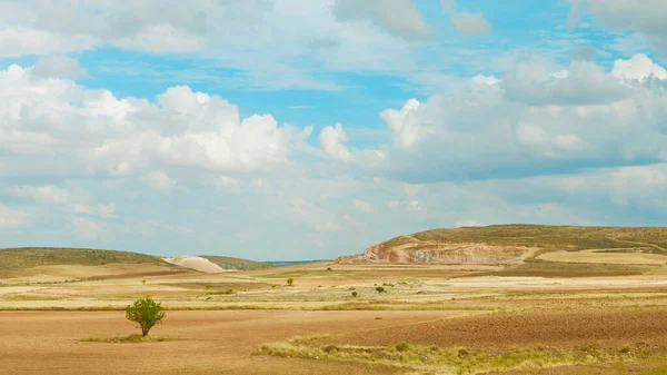 Panoramic Photo Majestic Cloudscape Dry Autumnal Agricultural Land Teruel Aragon — Stock Photo, Image