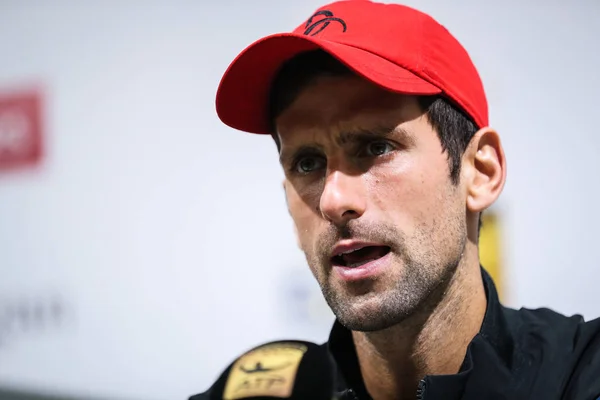 Der Serbische Tennisstar Novak Djokovic Bei Einer Pressekonferenz Tag Des — Stockfoto