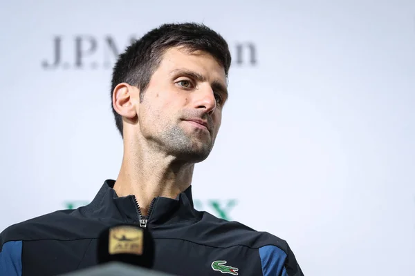 Novak Djokovic Aus Serbien Nimmt Einer Pressekonferenz Teil Nachdem Den — Stockfoto