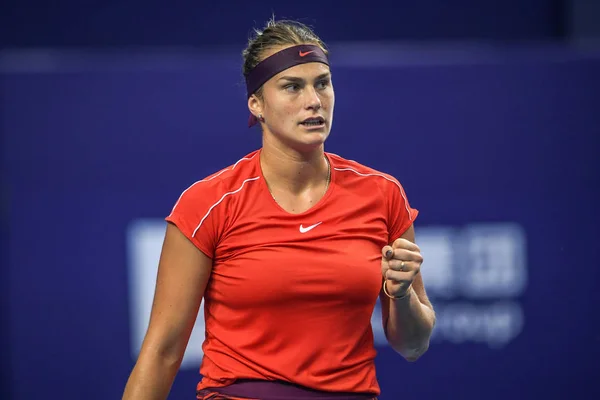 Aryna Sabalenka Bielorrússia Comemora Após Marcar Contra Caroline Garcia França — Fotografia de Stock