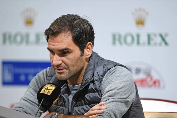 Roger Federer Suíça Participa Uma Conferência Imprensa Depois Derrotar Kei — Fotografia de Stock