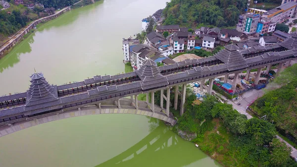 Légi Felvétel Sanjiang Fengyu Qiao Egy Speciális Fajtája Híd Amely — Stock Fotó