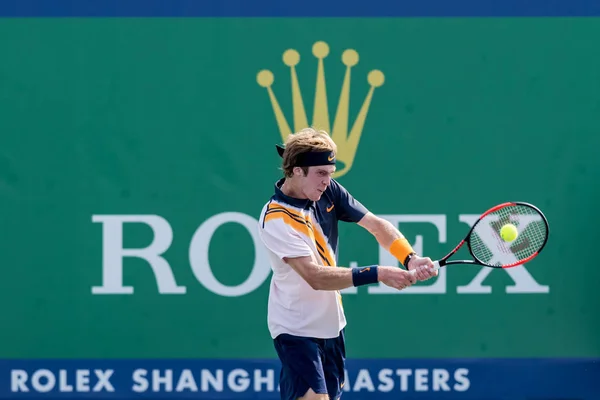 Andrey Rublev Russia Returns Shot Roberto Bautista Agut Spain First — стокове фото