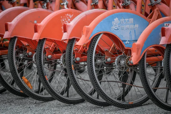 Bicicletas Serviço Público Aluguer Bicicletas Estão Alinhadas Espaço Aberto Cidade — Fotografia de Stock