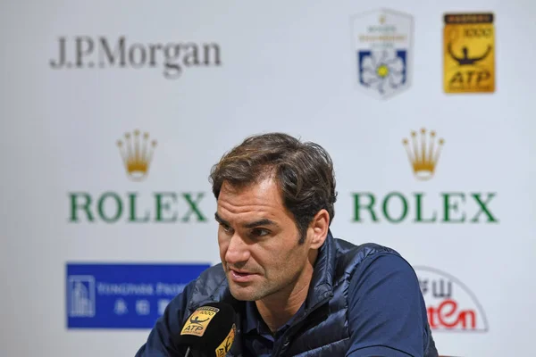 Tenista Suíço Roger Federer Participa Uma Coletiva Imprensa Para Torneio — Fotografia de Stock