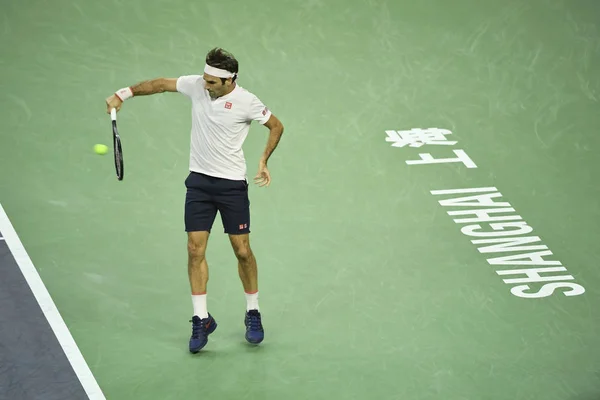 Roger Federer Sviçre Nin Bir Atış Için Roberto Bautista Agut — Stok fotoğraf
