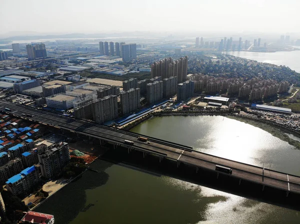 Veduta Aerea Del Ponte Houguanhu Ponte Lacustre Più Lungo Della — Foto Stock