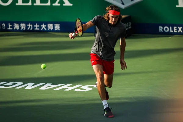 Stefanos Tsitsipas Greece Returns Shot Kevin Anderson South Africa Third — Stock Photo, Image