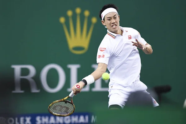 Kei Nishikori Japon Retourne Tir Roger Federer Suisse Dans Leur — Photo