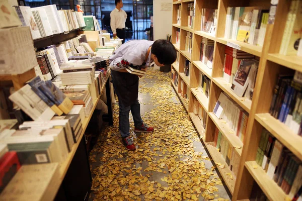 Clienti Leggono Libri Una Libreria Decorata Con Foglie Ginkgo Nel — Foto Stock