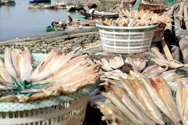 2018年10月21日 在中国东部江苏省连云港市的一个港口 一名当地妇女干鱼 制作干鱼片 — 图库照片
