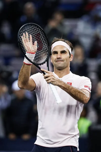 Roger Federer Suiza Celebra Después Derrotar Daniil Medvedev Rusia Partido — Foto de Stock