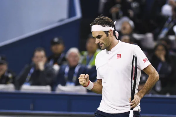 Roger Federer Suíça Reage Após Marcar Contra Kei Nishikori Japão — Fotografia de Stock