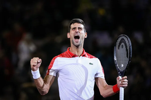 Novak Djokovic Serbia Reacciona Celebra Después Derrotar Borna Coric Croacia — Foto de Stock