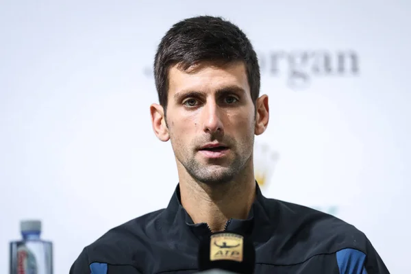 Novak Djokovic Aus Serbien Nimmt Einer Pressekonferenz Teil Nachdem Den — Stockfoto