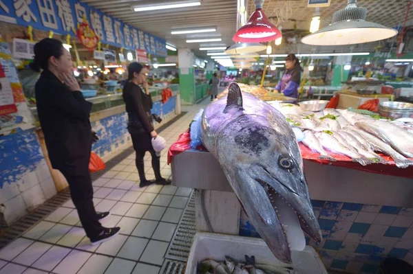 Πελάτες Δείτε Ένα Γιγαντιαίο Κινέζικο Seerfish Για Πώληση Μια Αγορά — Φωτογραφία Αρχείου