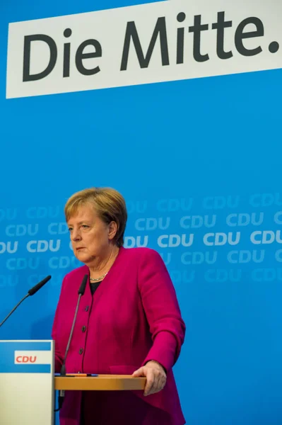 德国总理默克尔在2018年10月29日于德国柏林举行的基督教民主联盟执行委员会会议上发表讲话 — 图库照片