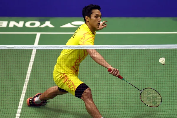 Jonatan Christie Endonezya Nın Bir Atış Için Kento Momota Japonya — Stok fotoğraf