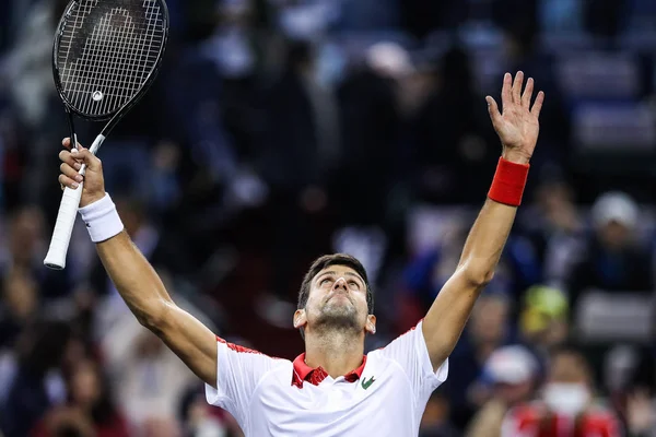 Novak Djokovic Serbia Celebra Después Derrotar Alexander Zverev Alemania Para — Foto de Stock