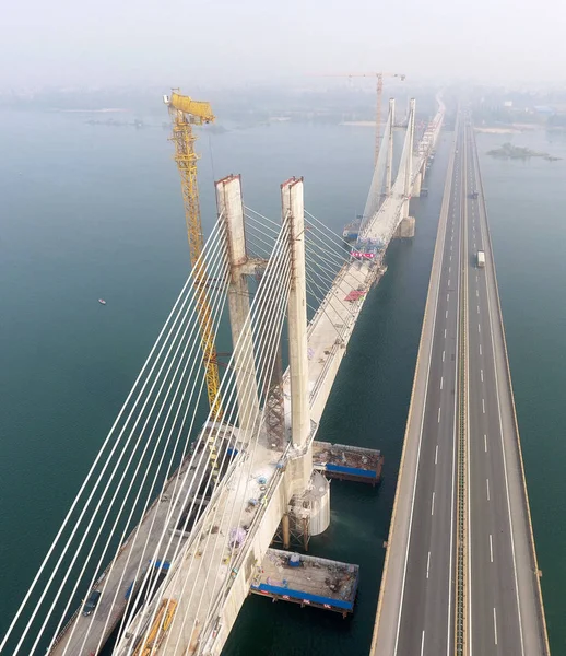 Vue Aérienne Pont Hanjiang Chemin Fer Menghua Projet Transport Charbon — Photo