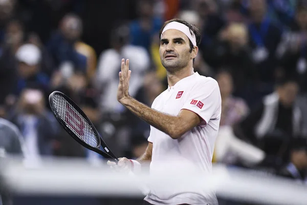Roger Federer Suíça Comemora Depois Derrotar Kei Nishikori Japão Sua — Fotografia de Stock