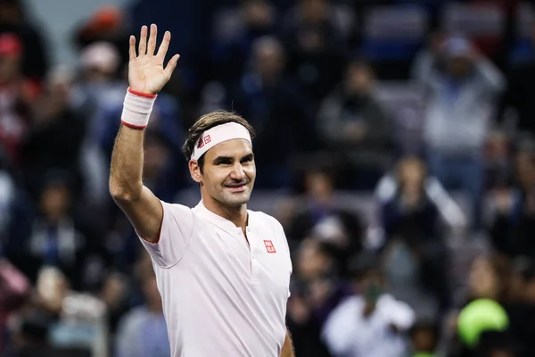 Roger Federer Szwajcarii Obchodzi Pokonaniu Daniil Miedwiediew Rosja Drugim Meczu — Zdjęcie stockowe