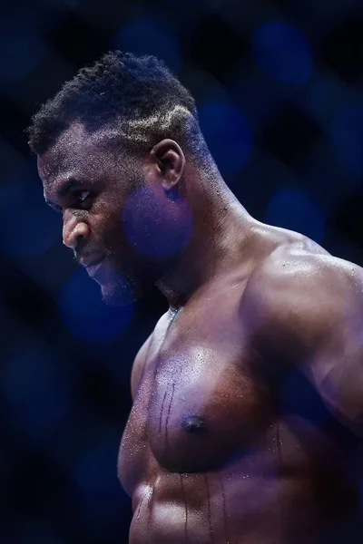 Francis Ngannou Camerún Francia Guantes Azules Reacciona Contra Curtis Blaydes — Foto de Stock