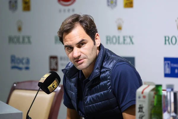 Tenista Suíço Roger Federer Participa Uma Coletiva Imprensa Para Torneio — Fotografia de Stock