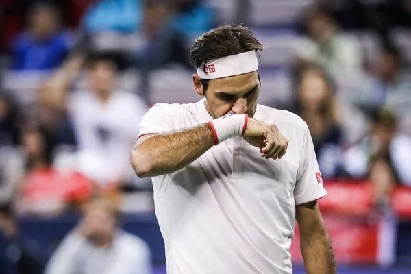 Roger Federer Suíça Comemora Depois Derrotar Roberto Bautista Agut Espanha — Fotografia de Stock