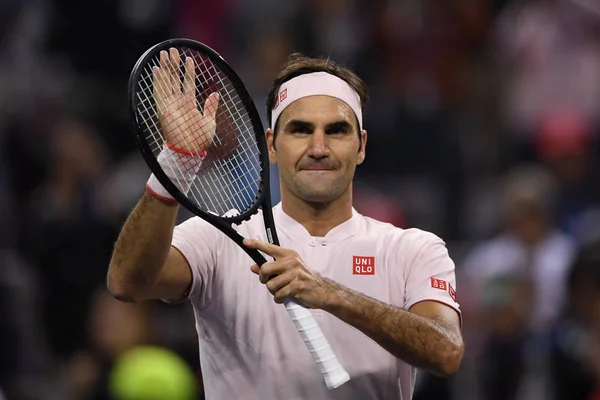 Roger Federer Suiza Celebra Después Derrotar Daniil Medvedev Rusia Partido — Foto de Stock