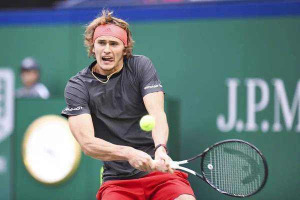 Alexander Zverev Tyskland Returnerar Ett Skott Mot Novak Djokovic Serbien — Stockfoto