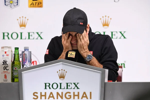 Roger Federer Suiza Asiste Una Conferencia Prensa Después Haber Sido — Foto de Stock