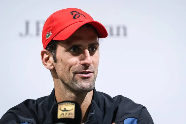 Novak Djokovic Sérvia Participa Uma Conferência Imprensa Depois Derrotar Kevin — Fotografia de Stock