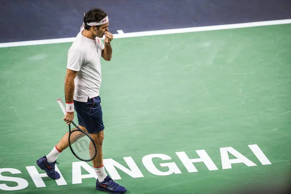 Roger Federer Svájc Reagál Mint Versenyez Ellen Borna Coric Horvát — Stock Fotó