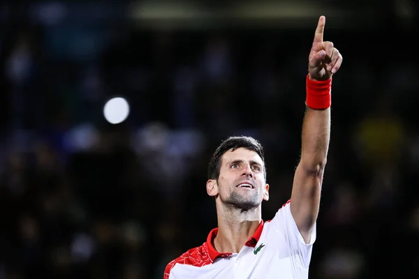 Novak Djokovic Serbia Gestures Greet Spectators Defeating Borna Coric Croatia — 스톡 사진